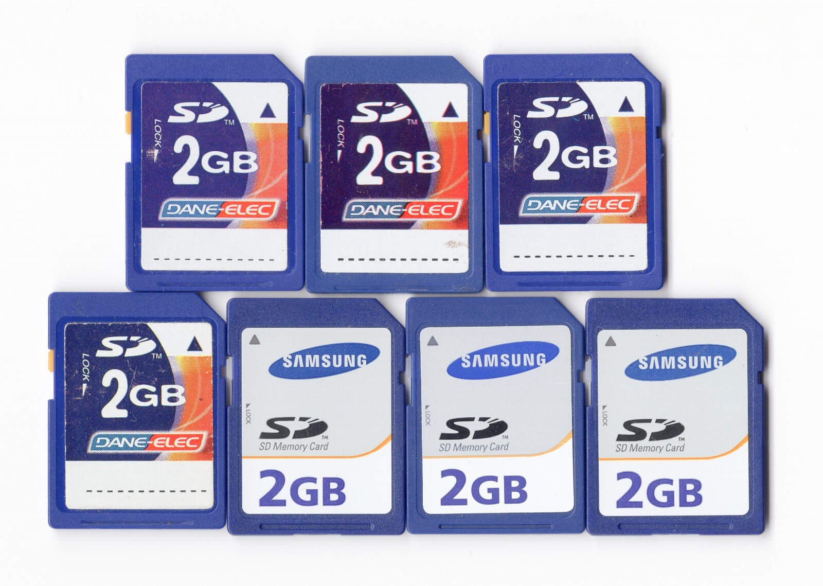 Lot Of 7x Samsung / Dane-Elec 2GB SD Genuine Camera Memory Cards