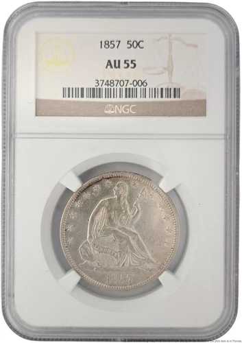 NGC Graded AU 55 1857 Seated Liberty Silver Half Dollar 50 Cent Slabbed Coin