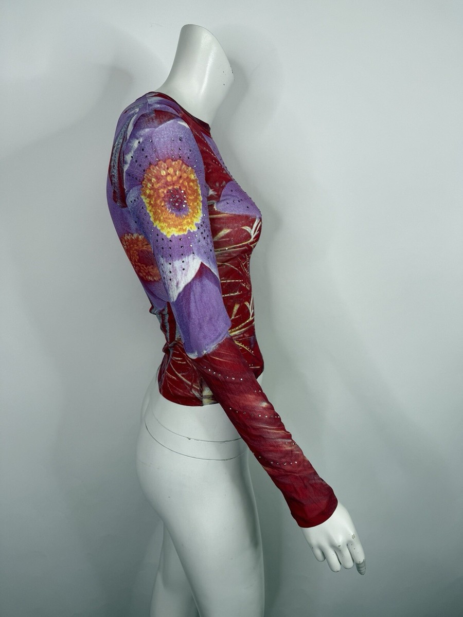 Vtg Roberto Cavalli Red Purple Crystal Flower Print Mesh Top