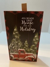 Christmas decor vintage red truck with tree wooden box table shelf sign