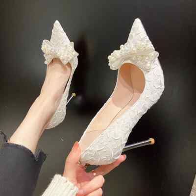 New Women Sexy Pumps Stilettos Pearl Bow Knot Thin High Heels Wedding Shoes
