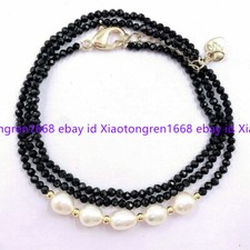 Natural 3mm Faceted Black Spinel  7-8mm White Baroque Pearl Necklace 18''