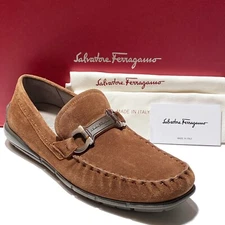 Ferragamo TASBY 7.5 D Gancini Brown Suede Leather Dress Drivers Loafers Men's
