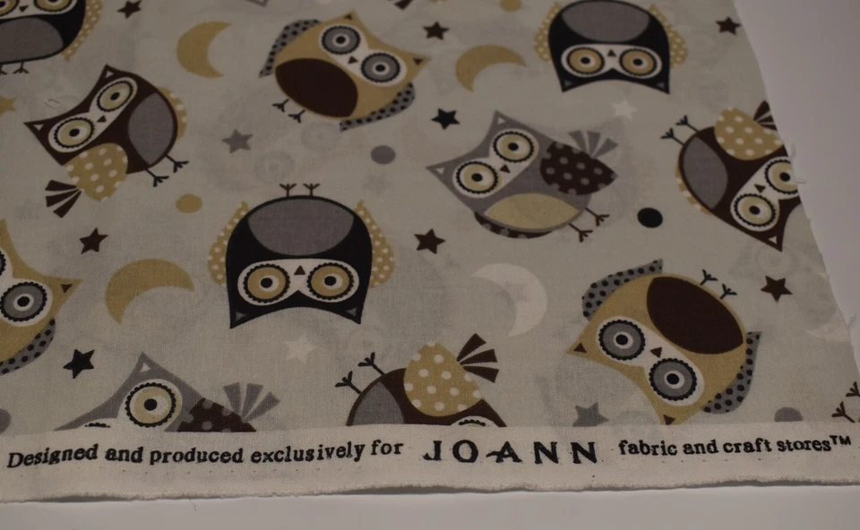 100% cotton JOANNS fabric GRAY BROWN OWLS moon stars 71" x 44" - Image 2 of 2