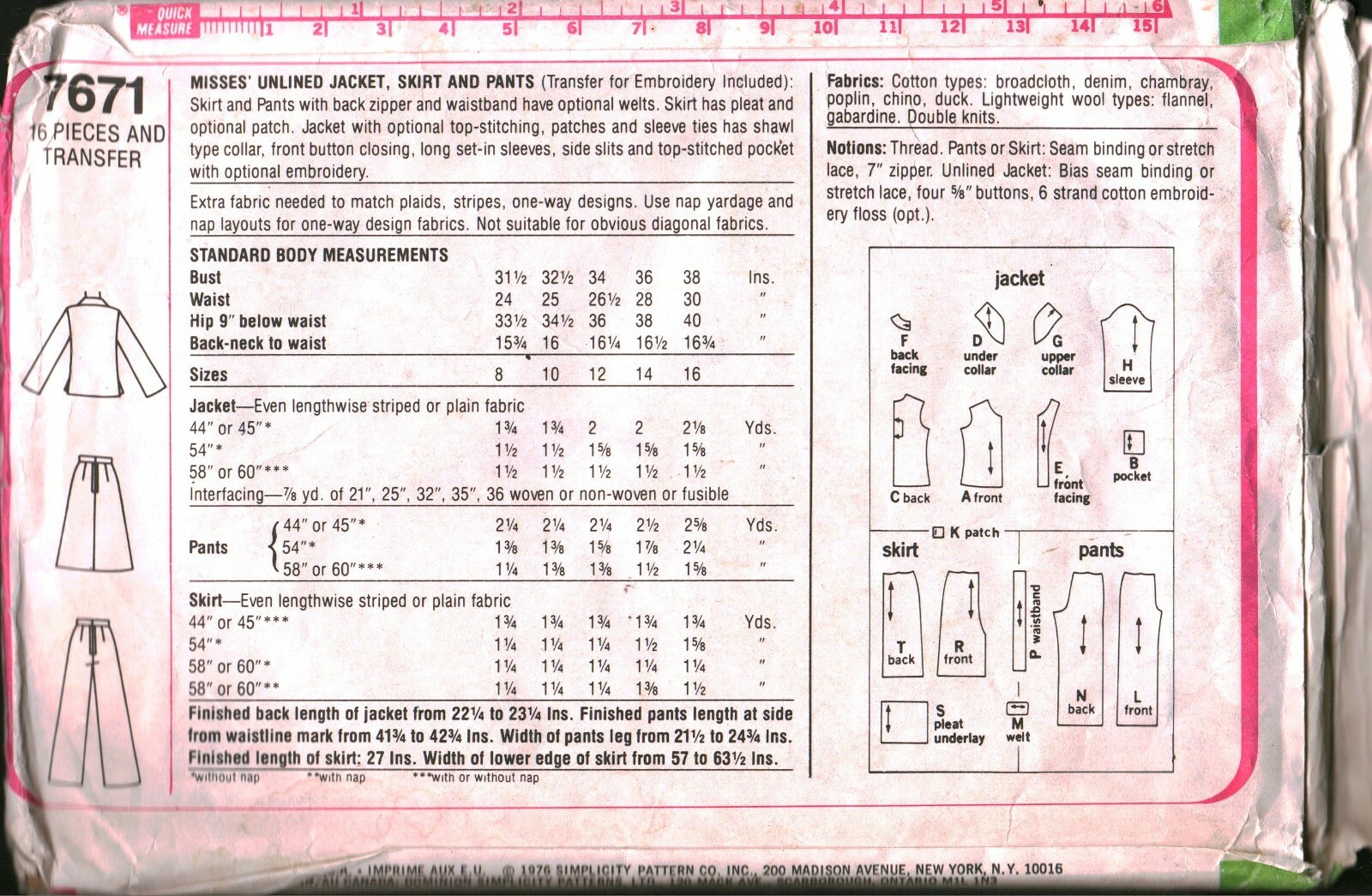 7671 Vintage Simplicity Sewing Pattern Misses Unlined Jacket Skirt Pants OOP 14