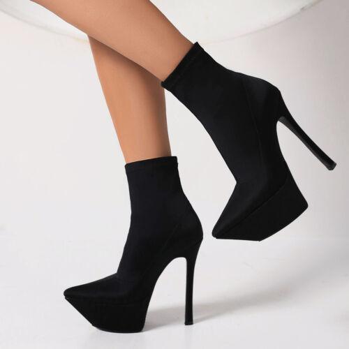 Womens Stilettos Pointy Toe Ankle Boots High Heel Stretched Platform Shoes 14cm - Picture 14 of 16
