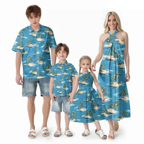 Family Hawaiian Matching Outfits Vacation Summer Tropical Halter Dress&Shirts F5