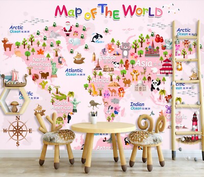 3D Pink World Map ZHUA2813 Wallpaper Wall Murals Removable Self-adhesive Ann