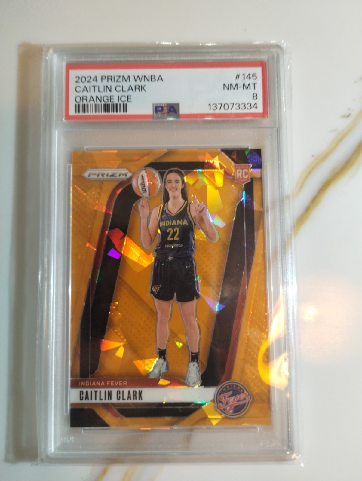 2024 Prizm WNBA - Caitlin Clark #145 Orange Ice Variation Prizm (RC) PSA 8 view 3