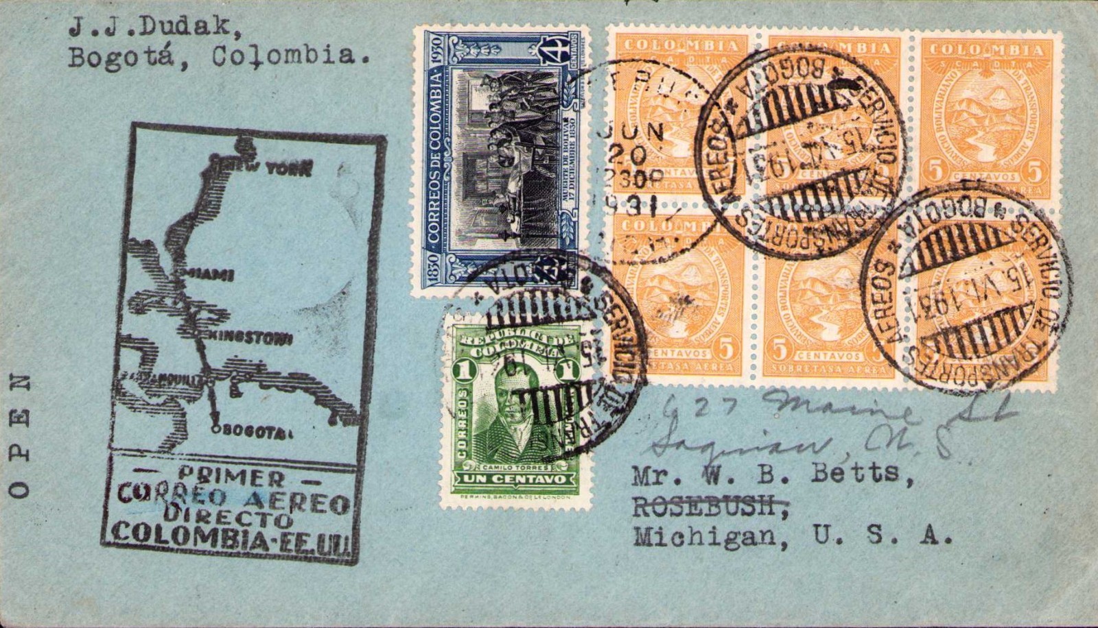 COLOMBIA - USA - 30c FIRST FLIGHT COVER - BOGOTA to ROSEBUSH - 1931 RRR