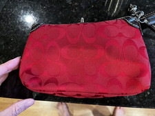 Vintage Coach Legacy Top Turnlock Wristlet Red Signature Jacquard Brown Leather