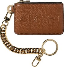 AMIRI Pebbled Leather Logo Embossed Zip Wallet w/ Chain Brown 