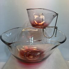 MCM Vntg Indiana Glass 3-Top Chip Dip W/Wire Holder Set Ruby Lustre Iridescent