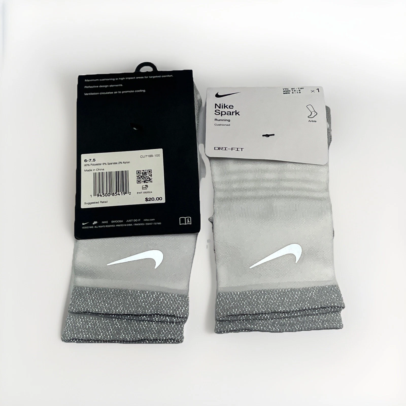Lot Of 2 Nike Men's Women's Spark Cushioned Running Crew Socks Medium $20 White