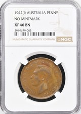 1942 (I) Australia 1 Penny Coin - NO MINT MARK - XF40 NGC - Rare, Bombay