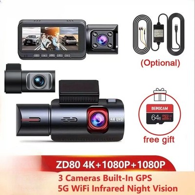 3 Channel Dash Cam 4K+1K+1K Built-In 5GhzWifi 170FOV 3.19'' IPS Screen Car DVR