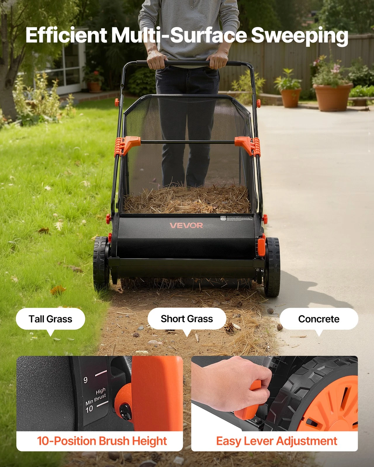 VEVOR Push Lawn Sweeper 26 in Leaf & Grass Collector 7 cu.ft. Hopper Bag Durable - product detail image 4