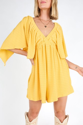 Bucket List Mustard Yellow Ribbed Romper  Medium FlutterSleeve VNeck Boho Pocket