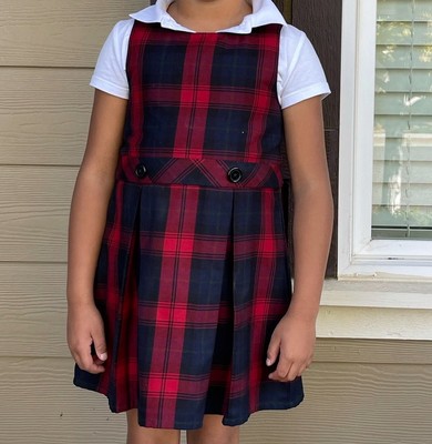 Plaid School Uniform Lands End Girls Red Navy Jumper Dress Size