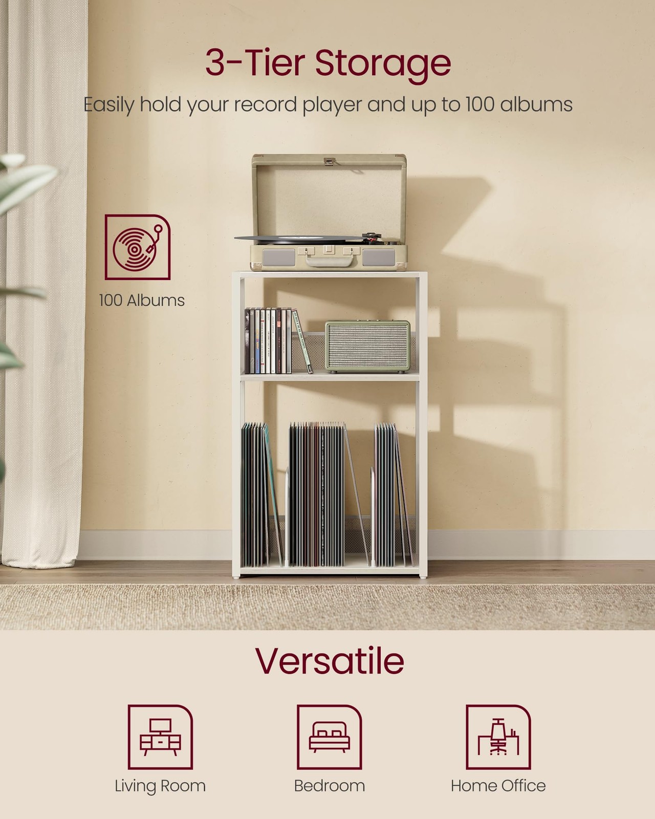 Record Player Stand, 3-Tier Side Table, Vinyl Record Storage up to 100 Albums...