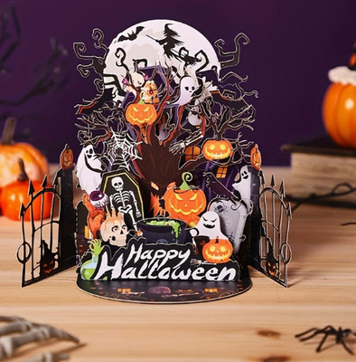POPUP CARD-Spooky Haunted House with Ghosts, Pumpkins, and Graveyard