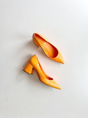 L'INTERVALLE Josephine Orange Leather Pointed Toe Block Heel Pumps, Size 7/38