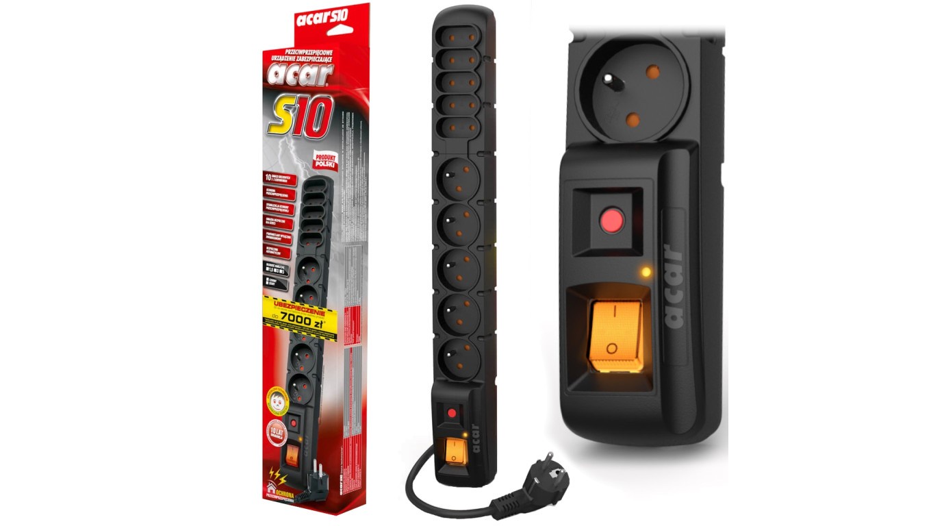 Surge Protector Extension Lead 5 Outlet with/u ACAR S10 5m Black