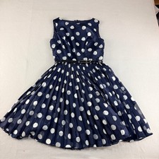 Adrianna Papell Navy Blue Polka Dot Pleated Fit Flare Dress Belted 2P Petite