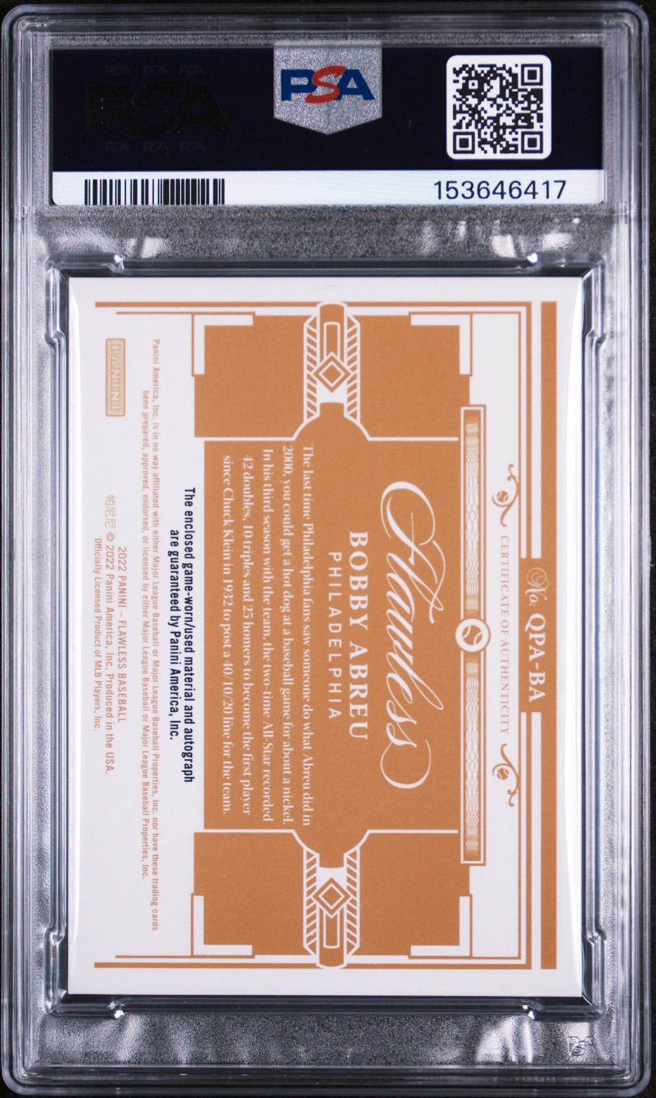 2022 PANINI FLAWLESS QUAD PATCH SIGNATURES RUBY BOBBY ABREU 7/15 PSA 8 AUTO view 2
