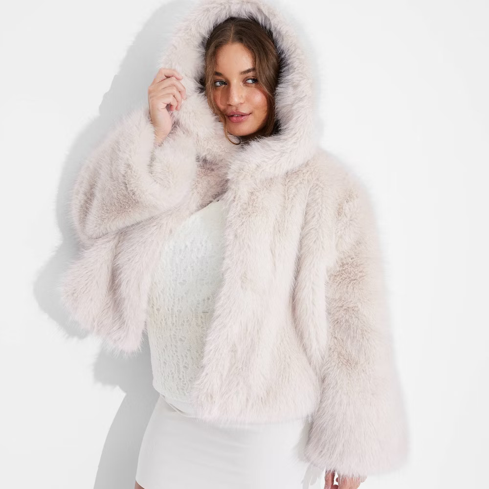 Women's Cropped Hooded Faux Fur Jacket - Wild Fable | eBay