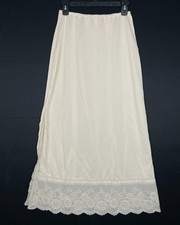 Vintage Lorraine Nylon Silky Maxi Slip Skirt Size Medium Ivory Lace Hem