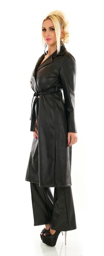 Damen langer Kunstleder Mantel Jacke Zweireiher mit Gürtelband schwarz 36-40 - Bild 5 von 10