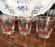 3 Old Fashioned Christmas Vintage Libbey Glasses Holly Berry Wreath Bells 