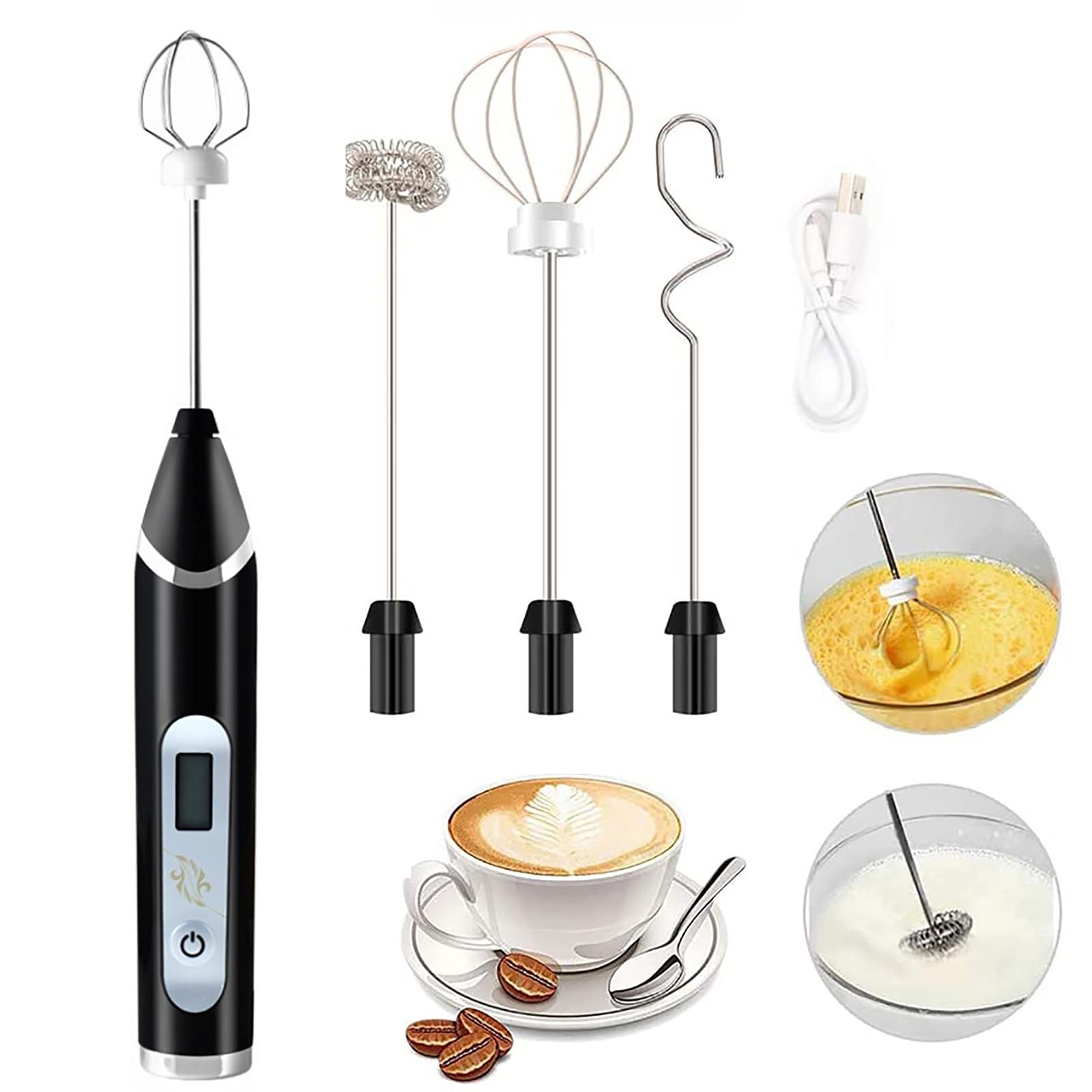 Milk Frother Handheld USB Rechargeable LCD Electric Milk Frother Adjustable 3...