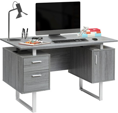 Sleek Gray Modern Office Desk with Ample Storage Solutions