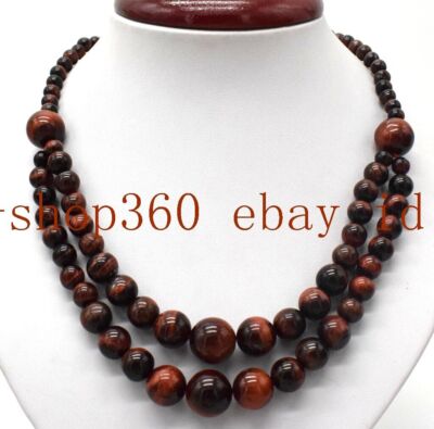 2Row Natural 6-14mm Red African Roar Tiger's Eye Round Gemstone Necklace 18-19''