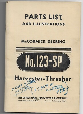 Original McCormick Deering 123SP Harvester Thresher Parts List Catalog 1006098R1