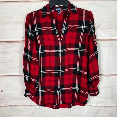 Chaps Top Womens Small Red Black Plaid Button Up Shirt Long Sleeve Collar Woven