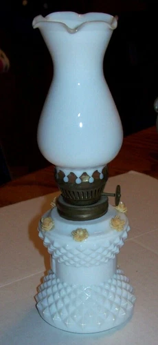 Vintage Mini Hobnail Milk Glass Hurricane Lamp w/ Ruffled Rim 3D Roses 8" Japan