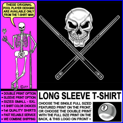 Skull and Crossed Cue Sticks Warning 9 Ball Billiards Pool Player T-shirt