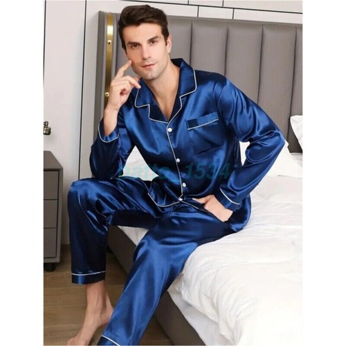 Mens Silk Satin Pajamas Set Sleepwear Tops+Long/Short Sleeve Pyjamas Nightwear - Picture 10 of 17
