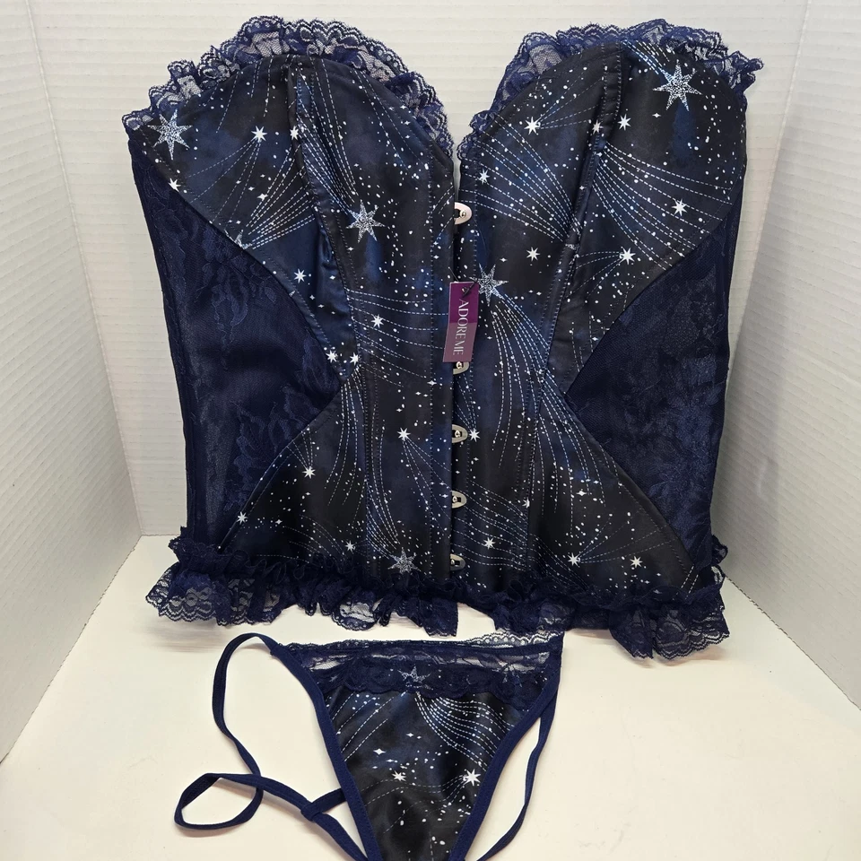 Новый обожаю меня на косточках корсет трусики комплект большой черный синий космический звезда оборки кружевная отделка - Изображение 2 из 4