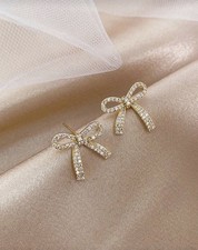 Gold Bow Rhinestone Earrings – Cute Sparkly Ribbon Studs for Women