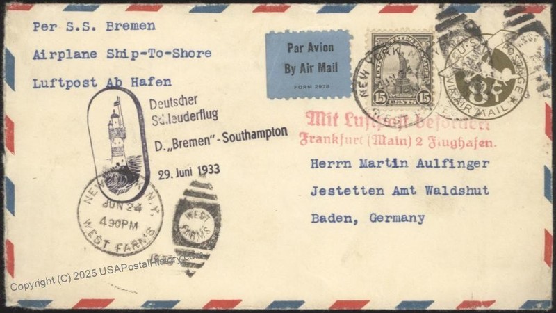 USA 1933 Bremen Schleuderflug Catapult K148 Cover Airmail 15c Liberty Bur 116174