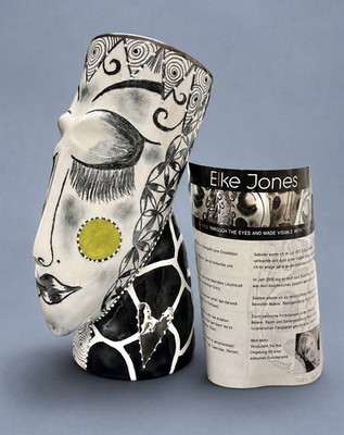Elke Jones Signed Ceramic Face Vase Abstract Art Pottery Sculpture Modern Decor