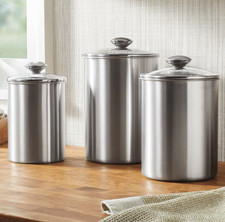 Set of 3 Stainless Steel Canisters with Glass Lids Kitchen Storage Food