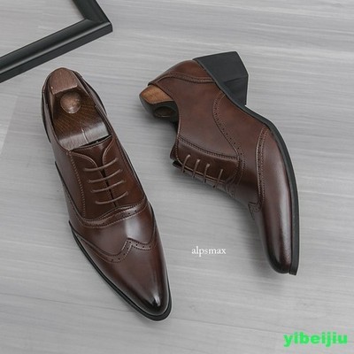 Men's Wing Tip Brogue Dress Leather Derby Shoes Pointed Toe Vintage Add Height