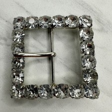 Square Clear Rhinestone Belt Buckle Silver Tone Prong Set Center Bar Glam Bling
