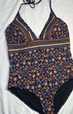 BODEN String Plunge Swimsuit - Black Lotus Petal - 16L - 18L LONG- RARE PATTERN