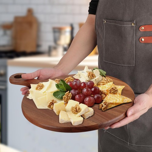 Round Wood Cutting Board Wooden Chopping Serving Acacia With Handle Charcuterie - Picture 5 of 6